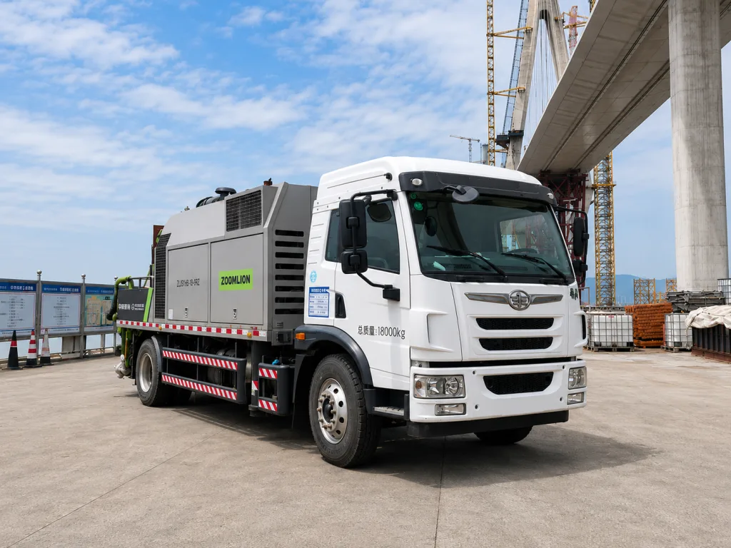 2021 Zoomlion ZLJ5180THBJE unidad 21 truck-mounted concrete line pump, front three-quarter view.